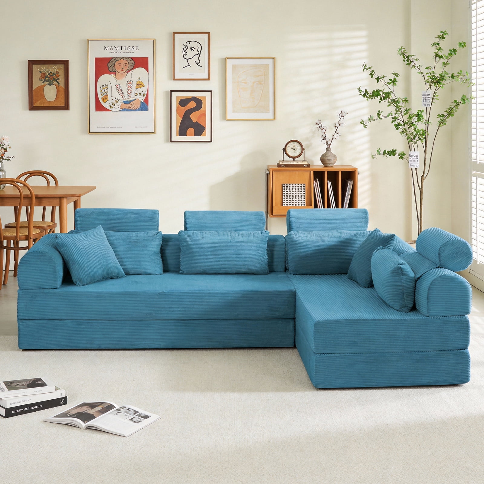 L-Shaped Sectional Sofa Converts to Bed, Corduroy Chaise Lounge with 28D High-Density Foam, No Assembly Compressed Couch for Apartments and Studios, Sky Blue
