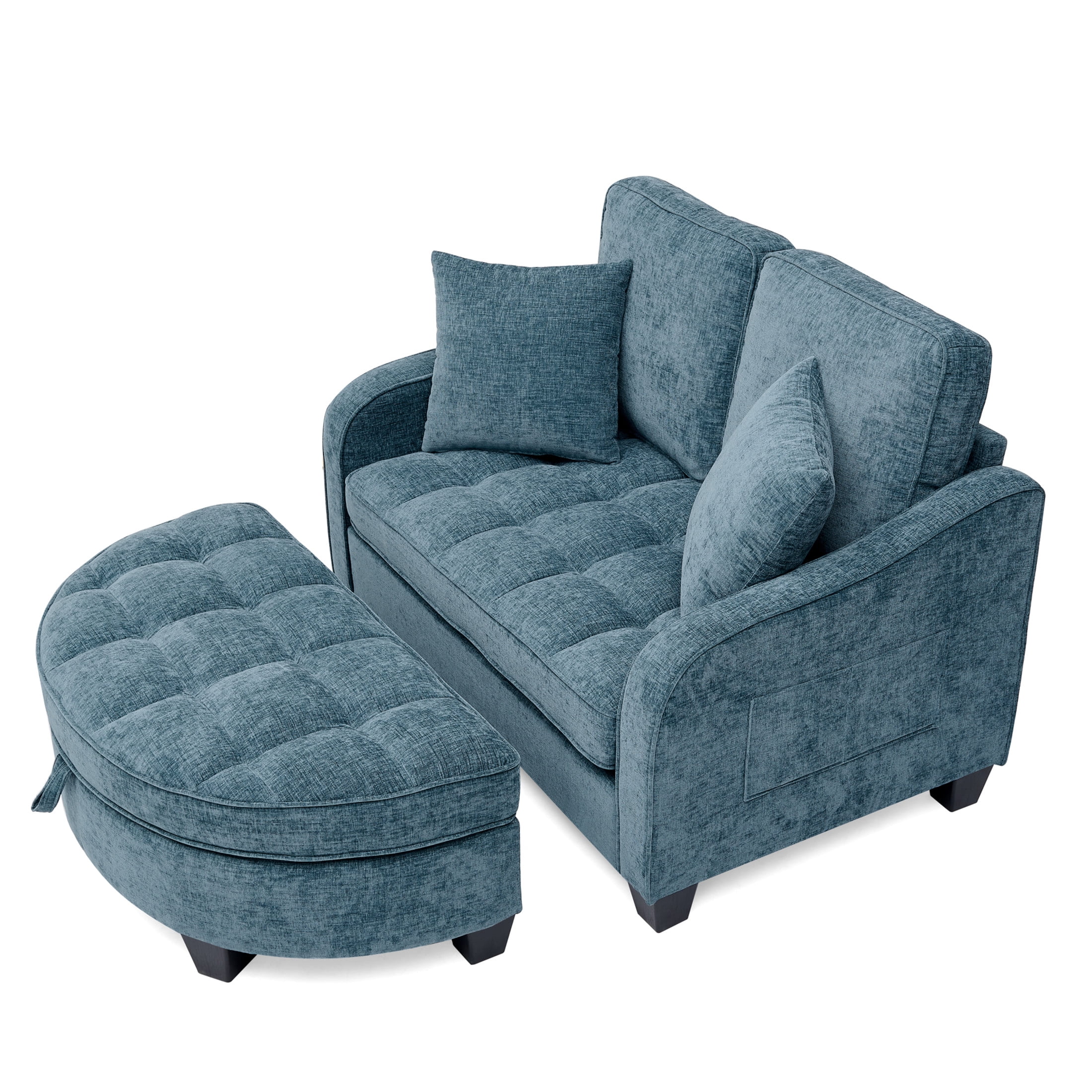 Noble House Rache 51" Upholstered Two-Seater Sofa, Double Chaise Longue with Storage Ottoman and Comfy Pillows, Blue