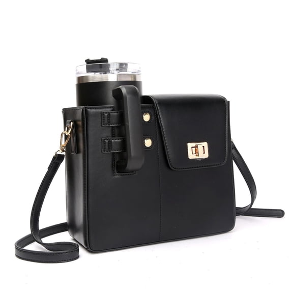 Water Bottle Carrier Bag with Phone Pocket PU Leather Crossbody Tumbler Holder with Adjustable Strap for 30oz 40oz Cups Stylish Hydration Purse for Hiking Travel Fitness Daily Use Black