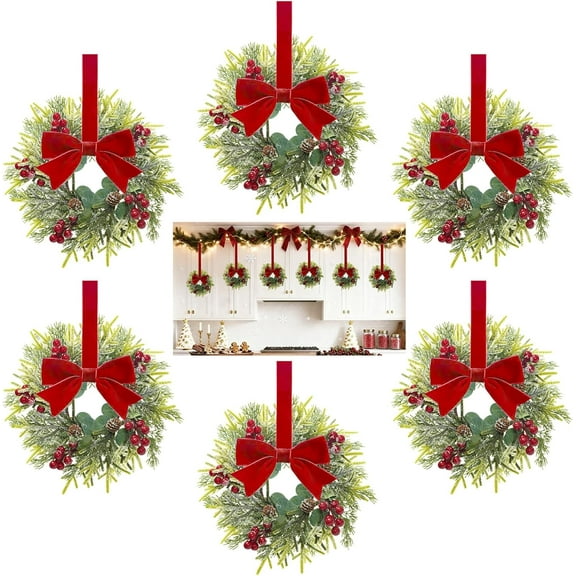 Guvpev 6 Pcs Mini Christmas Wreaths for Cabinets – 12 Inch Small Christmas Wreaths with Red Velvet Ribbon, Pine Cones & Berries, Snowy Cedar Candle Rings for Kitchen Cabinet Christmas Decor