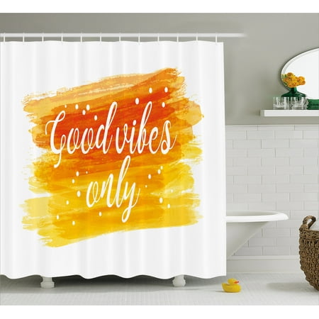 Letter Writing Set - Good Vibes Shower Curtain, Watercolor Art Modern Calligraphy Message Hand Writing Letters and Dots, Fabric Bathroom Set with Hooks, 69W X 84L Inches Extra Long, Orange Yellow White, by Ambesonne