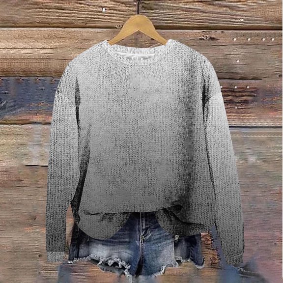 Juslio Womens Sweaters Pullovers Women Tops Print Crew Neck Long Sleeve Fashion Gray