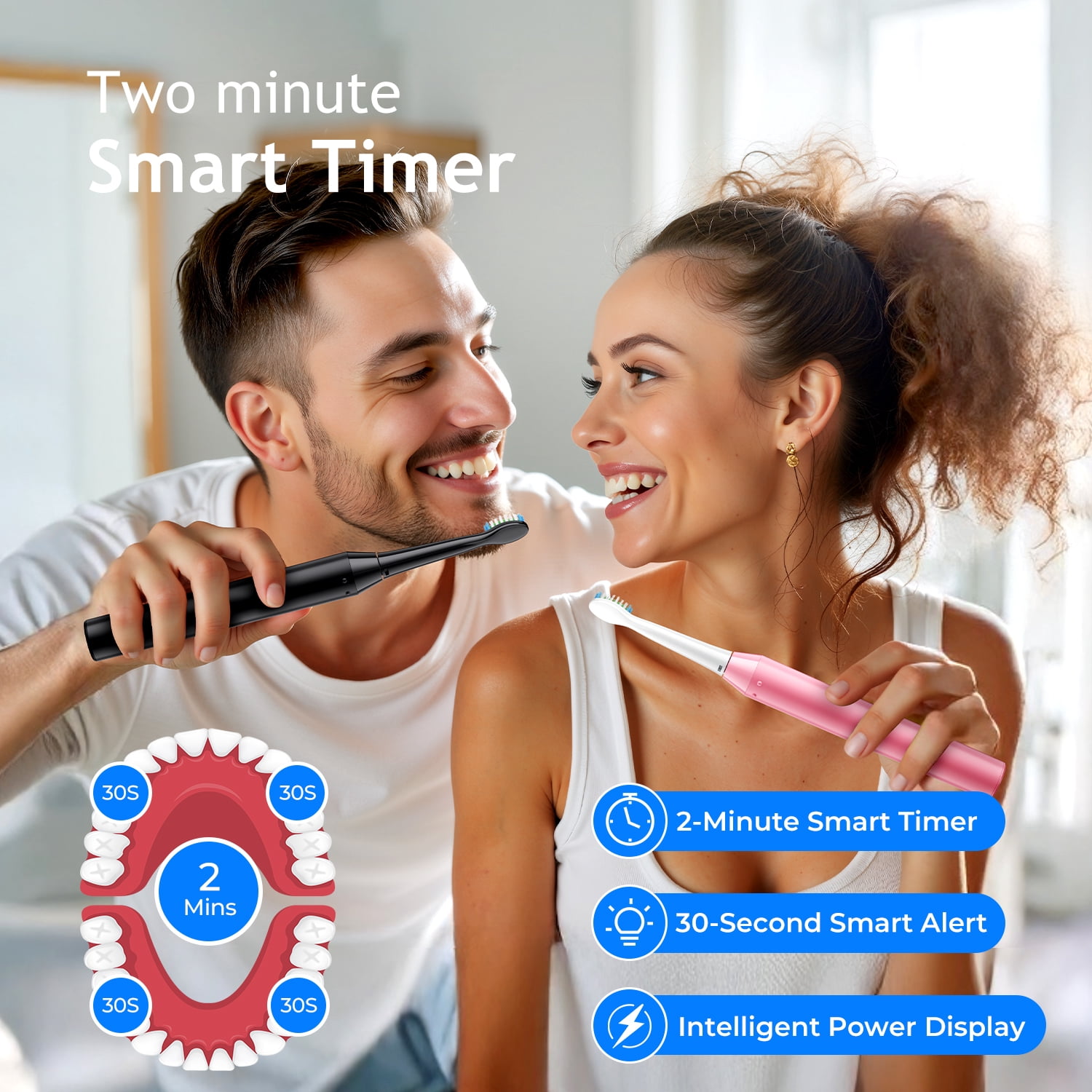 Fairywill Electric Toothbrush for Adults,Dual Pack with Travel Case 60 Day Battery Sonic Toothbrush,47,000 VPM 5 Modes IPX7 Waterproof 8 Brush Heads for Couples Family,Black & Pink