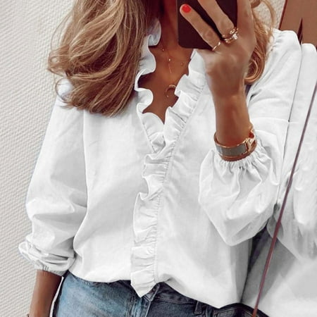 Fall Clearance Deals! AKAFMK Women Fall Tops Blouses Clearance, Plus Size Tops Women Elegant Long Sleeve Blouses Casual Solid Color V-Neck Tops Loose Shirts White XL