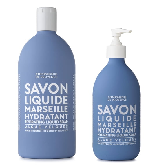 Jabón líquido extra puro Compagnie de Provence Savon de Marseille - Algas marinas de terciopelo - Botella de vidrio con bomba de 16.9 onzas líquidas y recambio de botella de plástico de 33.8 onzas líq