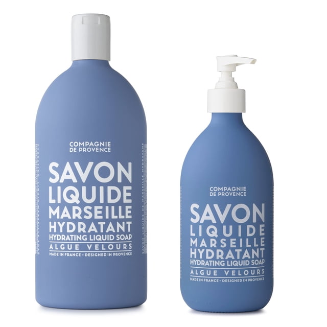 Jabón líquido extra puro Compagnie de Provence Savon de Marseille - Algas marinas de terciopelo - Botella de vidrio con bomba de 16.9 onzas líquidas y recambio de botella de plástico de 33.8 onzas líq
