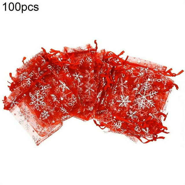 Gift Bags 100Pcs Gift Bags Snowflake Pattern Reusable Organza Drawstring Candy Bag Party Supplies