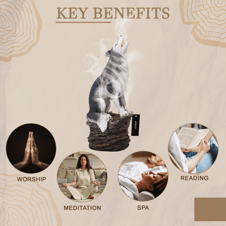 Hosley Resin Wolf Decor Statue/ Incense Cone Burner Smoking Wolf
