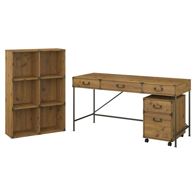 Bureau 60W avec Organisateur et Armoire en Pin Doré