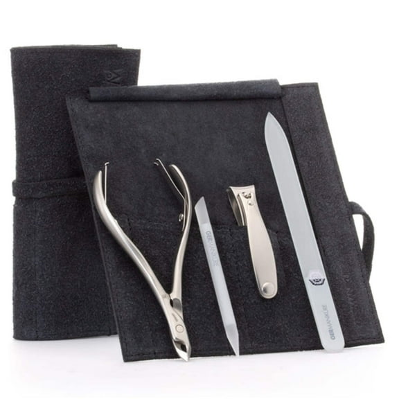 GERMANIKURE 4pc Manicure Set in Black Suede Case - FINOX Stainless Steel Tools Made in Germany, Glass Nail Care Supplies Made in Czech Republic – Professional Cuticle and Nail Care Kit