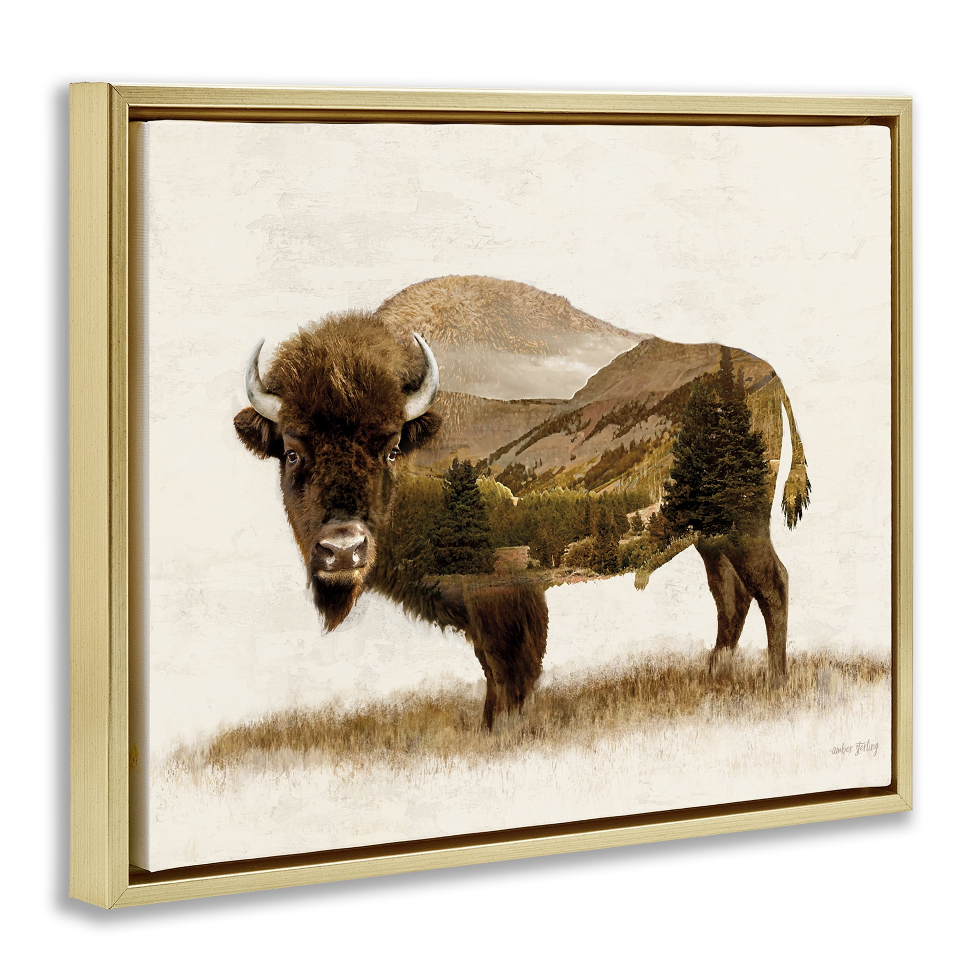 Stupell Industries Nature Patterned Bison Animals & Insects Painting Gold Floater Framed Art Print Wall Art, 21 x 17