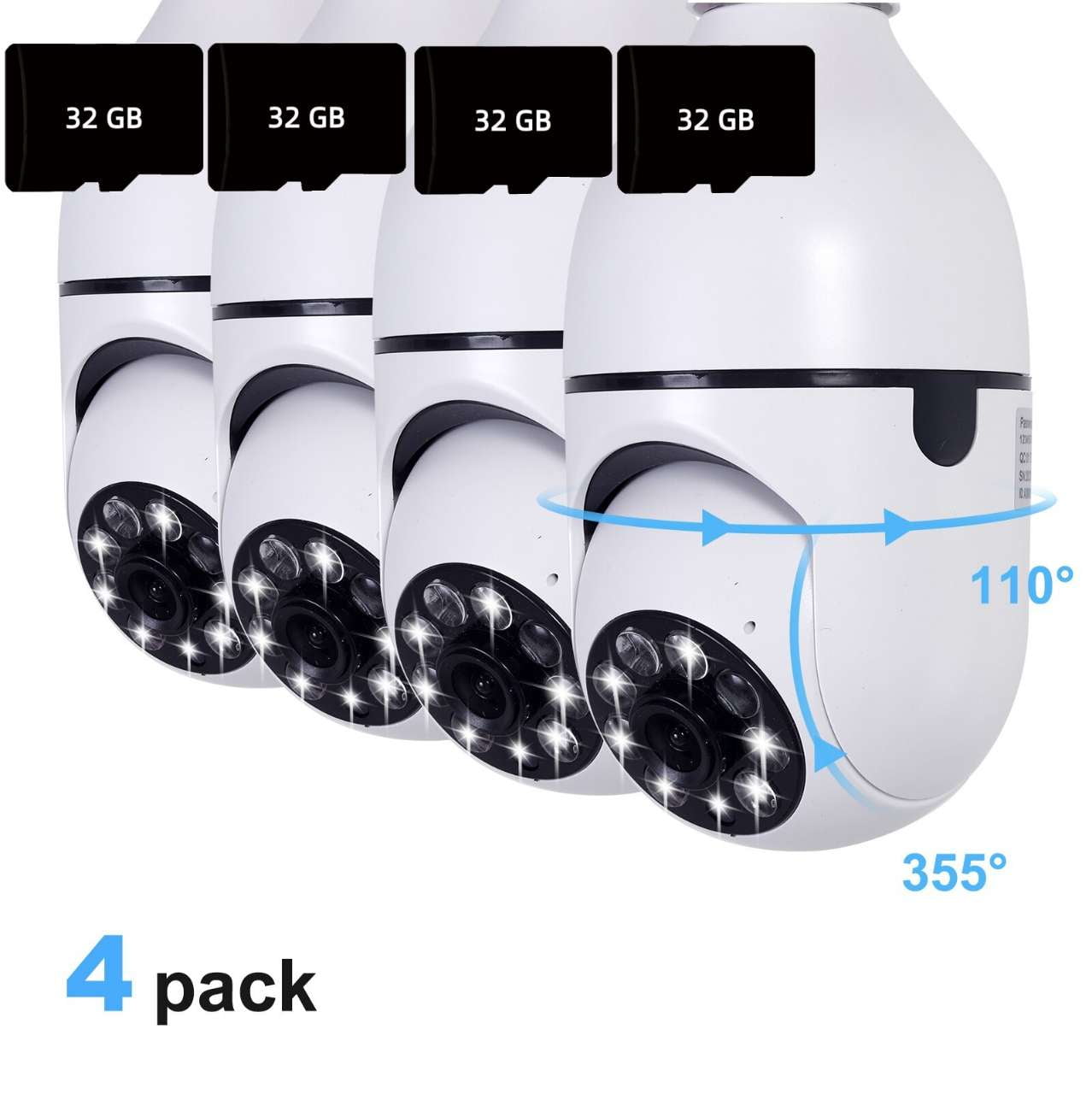 4 Pack Wireless Security Camera Light Bulbs W 4pcs 32gb Tf Card 2 4g 5g Wifi Outdoor Light Bulb Camera E27 1080p Hd Outdoor Security Camera Light Socket For Home Surveillance