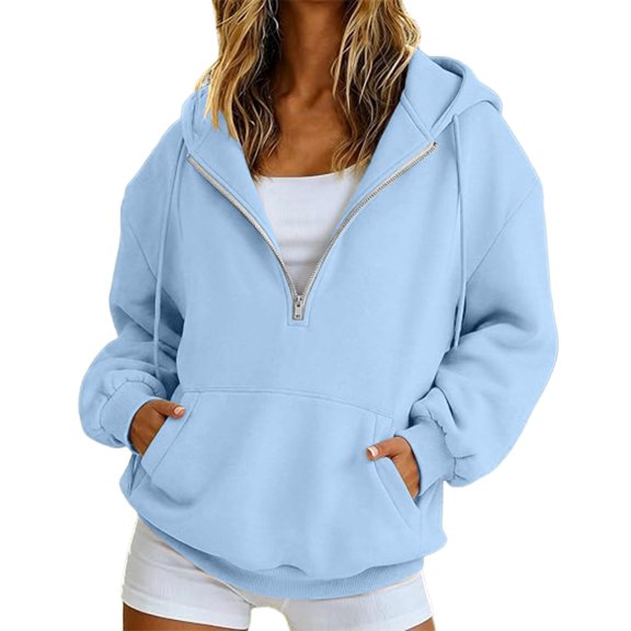 Loose Fit Half Zip Pullover Hoodie for Women, Long Sleeve Sweatshirt with Front Pocket, Cozy Casual Fall Winter Tops