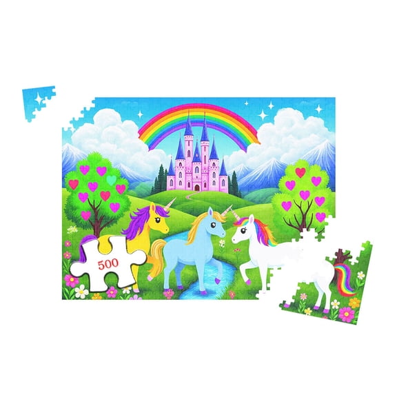 500 Piece Jigsaw Puzzle Fantasy Castle with Unicorns and Rainbow Landscape Educational Puzzle for Adults Family Game Night 20.5x15 Inch