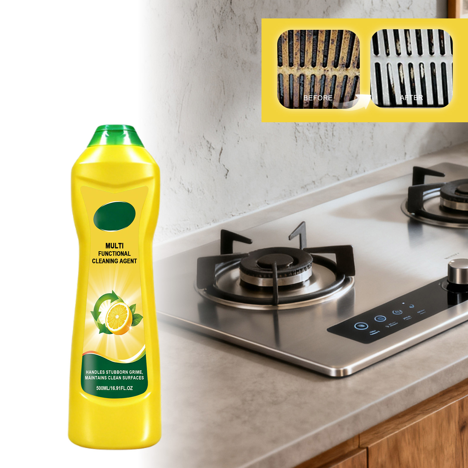 Multi-Surface Household Supplies 500Ml, Kitchen Cleaner, Bathroom Cleaner, Tile and Grout Cleaner, Floor Cleaner Solution, 10X3X2 Inch Lemon Scented Functional Agent That Lifts