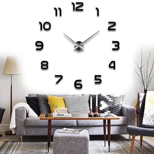 Modern DIY Large Wall Clock Kit 3D Mirror Surface Sticker for Home Office Room H