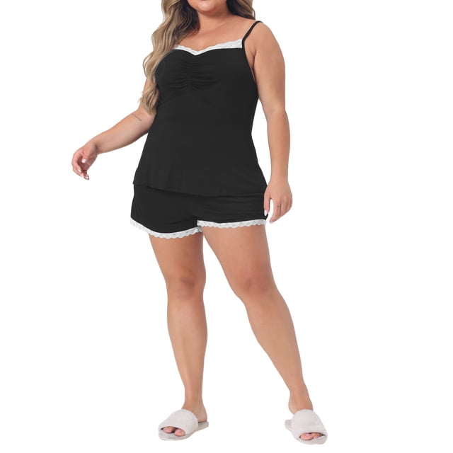 Conjunto de Pijamas de Talla Grande para Mujeres Agnes Orinda, Tirantes de Cami de Color Contrastante, Con Encaje, Sin Mangas, Ropa de Dormir 2X Negro