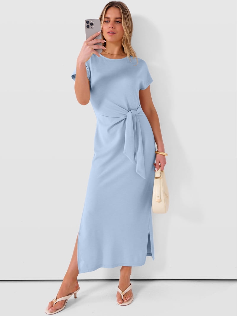 ANRABESS Women's Summer Maxi Dresses Tie Waist Short Sleeve Crewneck Dress Split Hem Casual Beach Vacation Dress Navy Blue Medium