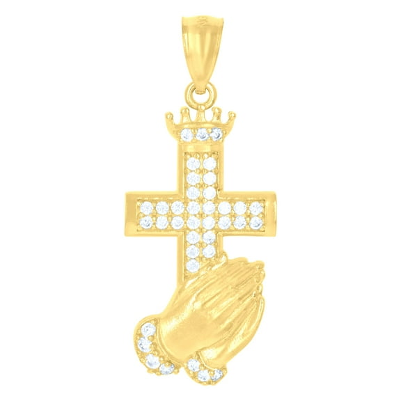 10kt Yellow Gold Mens Cubic-Zirconia Praying Hands Cross Religious Charm Pendant