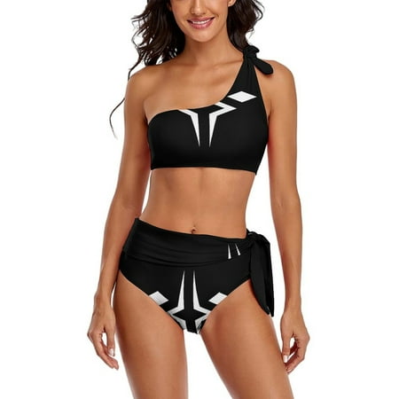 Fulcrum Black Background One Shoulder Bowknot Swimsuit Two Piece Swimsuit Knot Crop Top Bikini High Waisted Bathing Suit