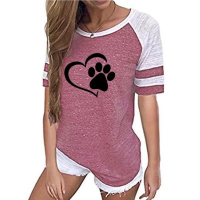 ManxiVoo Women Love Dog Paw Print T-Shirts Tops Short Sleeve Blouse Tee Shirt 