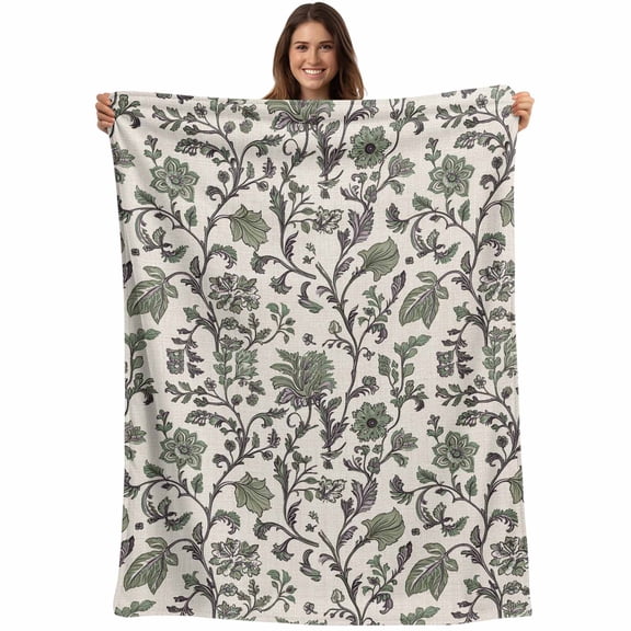 Sage Green Leaf Blanket Soft Cozy Warm Throw Blanket for Couch, Plush Fuzzy Flannel Fleece Blankets for Sofa, Vintage Farmhouse Boho Pastoral Tribal Bed Blankets Lightweight Gifts for Women, 50"x80"