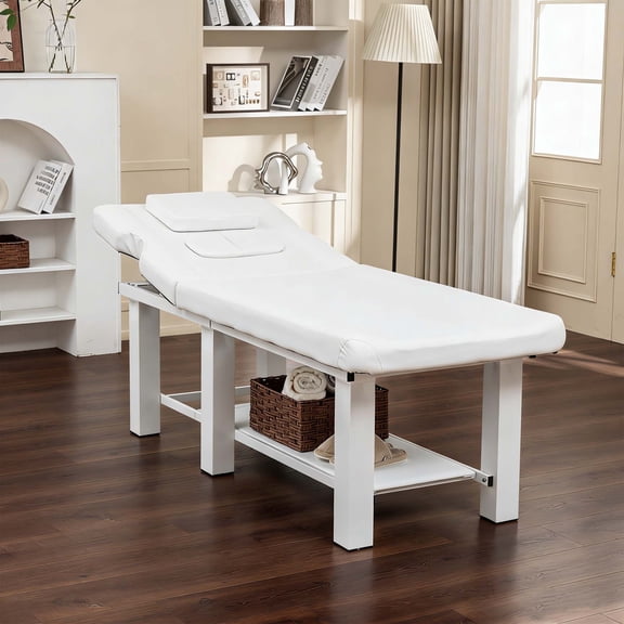 Adjustable Massage Table 0-15° Reclining, Heavy-Duty Steel Frame, Detachable Headrest & Breast Cushion, Waterproof PU Leather, 330 lbs Capacity – White for Spa Salon Tattoo
