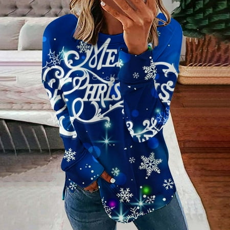 zanvin Women's Christmas Shirts Clearance,Christmas Gift Ideas,Fashion  Woman Round Neck Long Sleeve T-Shirt Printing Loose Blouse Tops Christmas  Sweatshirt,Dark Blue,S