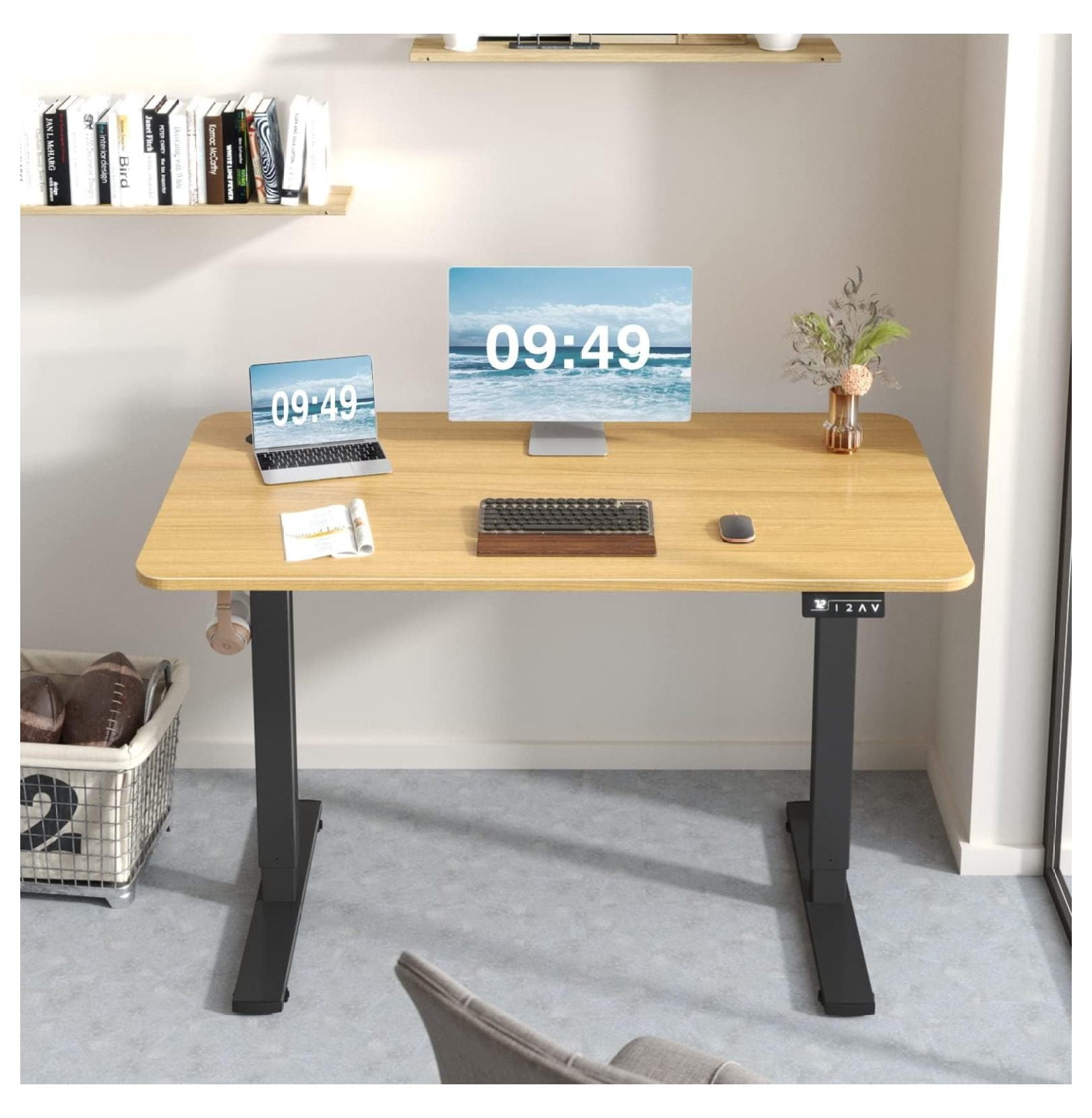 WDZS Electric Height Adjustable Standing Desk Large 48 x 24 Inches Sit Stand up Desk Home Office Computer Desk Memory Preset with T-Shaped Metal Bracket, Maple