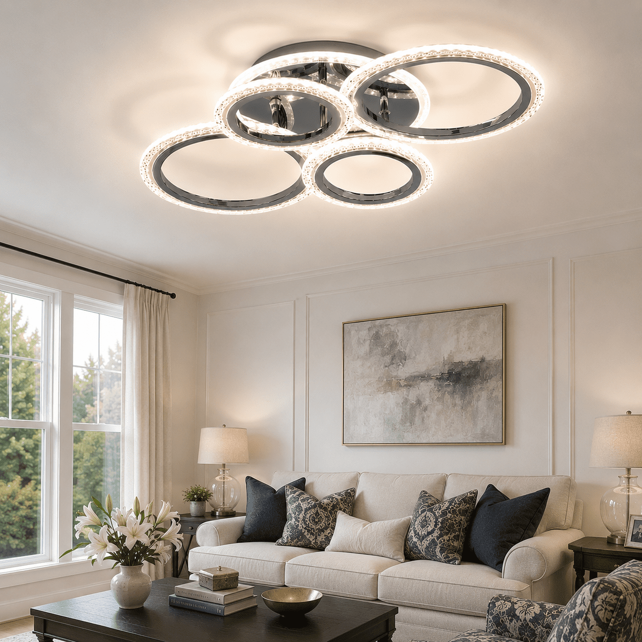 Garwarm Chrome 6-Ring LED Ceiling Light, Modern Dimmable 3000K-6500K Flush Mount Ceiling Light with Remote, Acrylic Ring Ceiling Lamp Fixture for Living Room, Dining Room, Bedroom