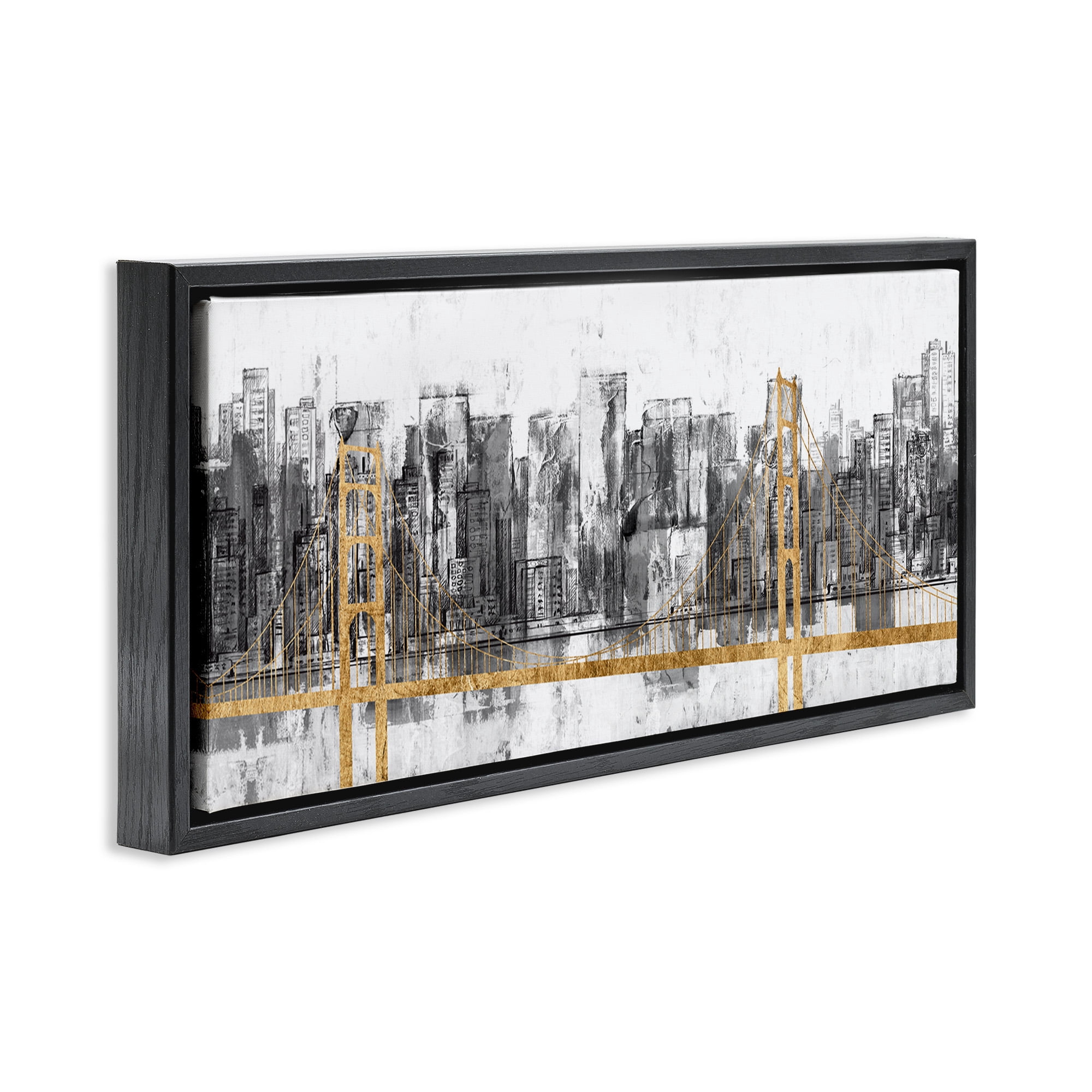 Stupell Industries Urban Golden Bridge Cityscape Abstract Painting Black Floater Framed Canvas Art Print Wall Art, 31 x 14