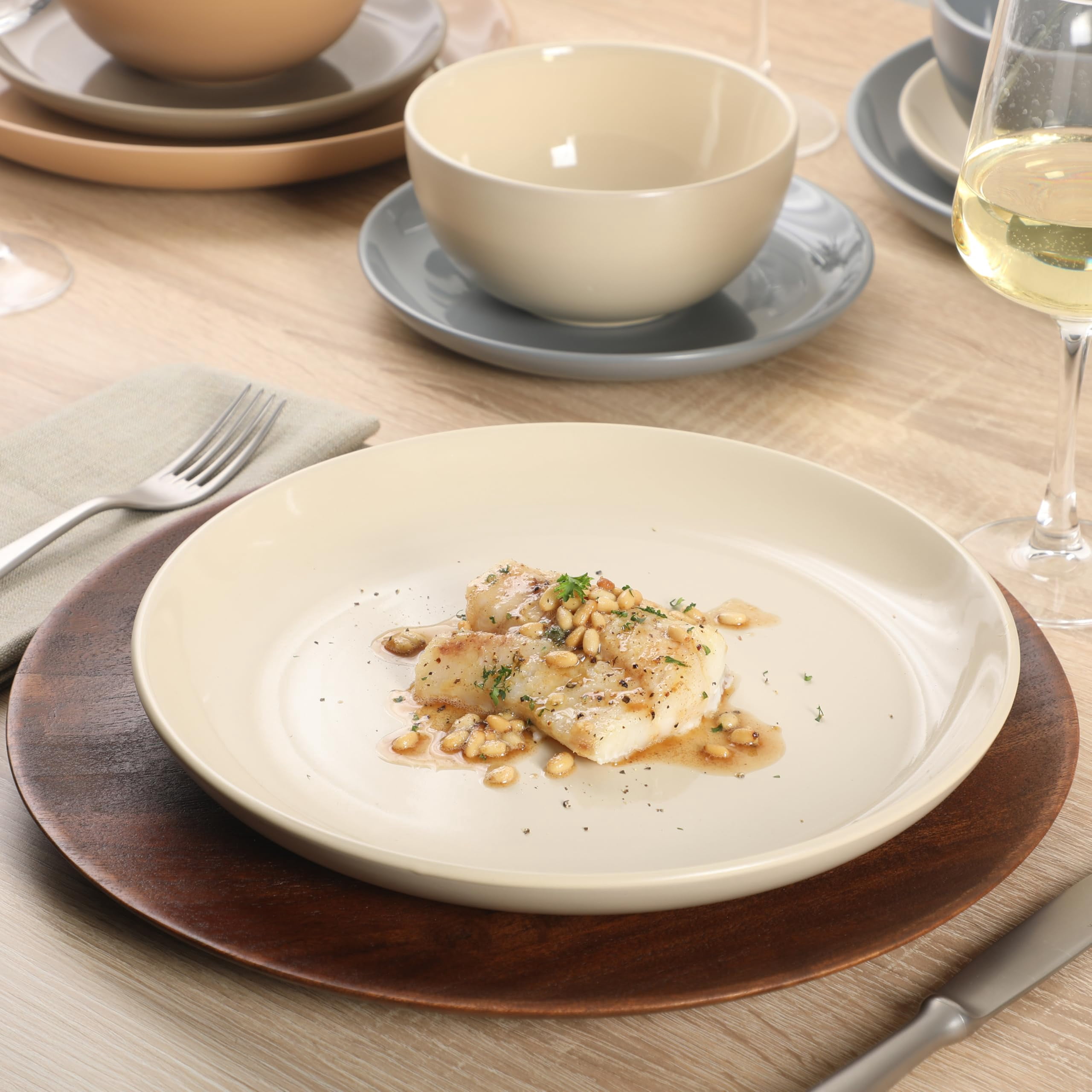 12-Piece Stoneware Dinnerware Set for 4, Cream Round Plates and Bowls, Modern Matte Finish, Microwave and Dishwasher Safe