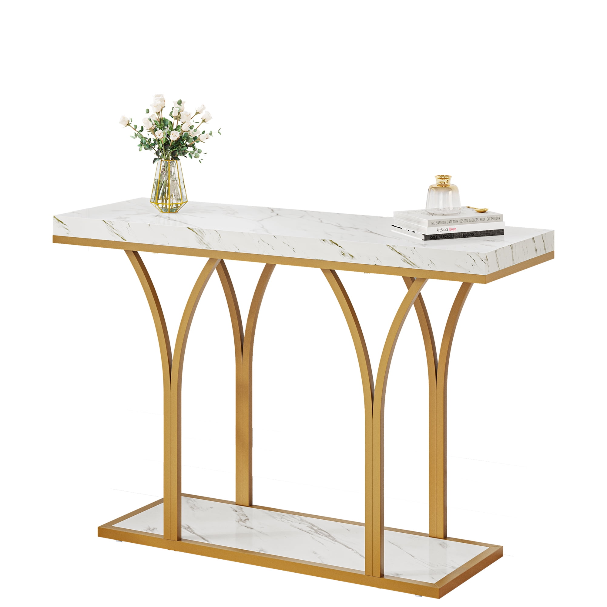 Dextrus Gold Console Table, Modern Faux Marble Entryway Table Behind Sofa Couch for Entry Way, Entrance, Living Room, Gold & White