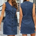 thumbnail image 2 of Denim Dress for Women Sleeveless Tank Short Bodycon Dresses V Neck Button Down Frayed Hem Tunic Jean Dress Tops, 2 of 5