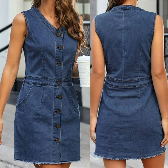 Aboser Womens Denim Dresses for Summer Casual Sleeveless Overalls Dress Button Down Jean Dresses 2026 Mini Dress Vintage Jumper Dresses with Pockets