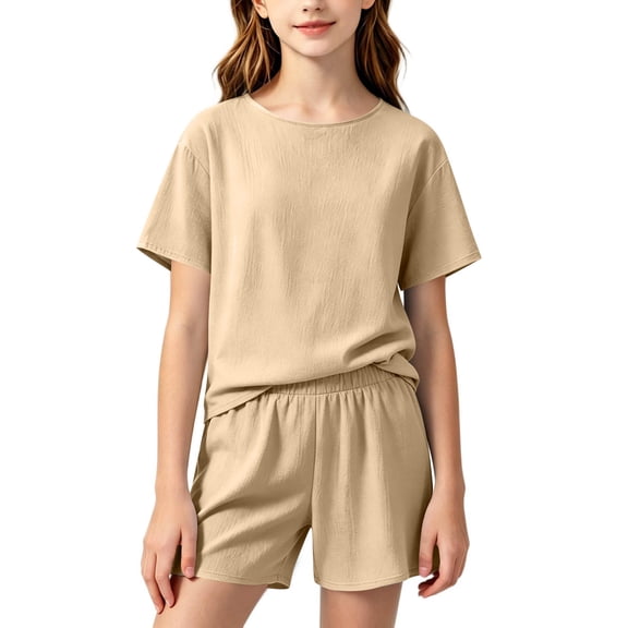 Maqroz Girls Summer Solid Round Neck Short Sleeve Cotton Linen Tee and Shorts Casual Cute 2 Piece Sport Set 11-18 Years