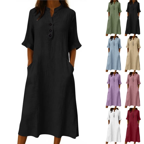 NXMZXB Half Sleeve Maxi Dresses for Women Loose Fit Casual Summer Button V Neck Henley Tshirt Dresses Trendy Holiday Beach Vacation Sundress with Pockets Pink L