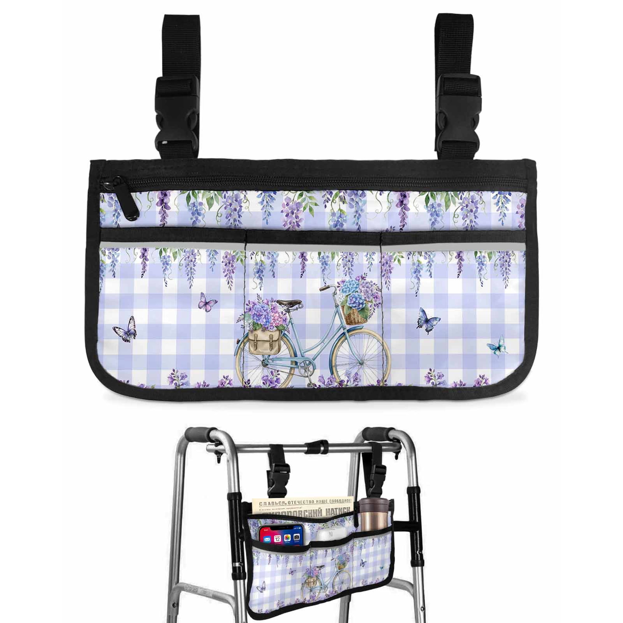 Purple Floral Wheelchair Side Bag with Cup Holder, Spring Florals Bicycle Butterfly Purple Plaid Wheelchair Armrest Bag Storage Pouch Adults, Seniors for Walkers, Rollator, Scooter