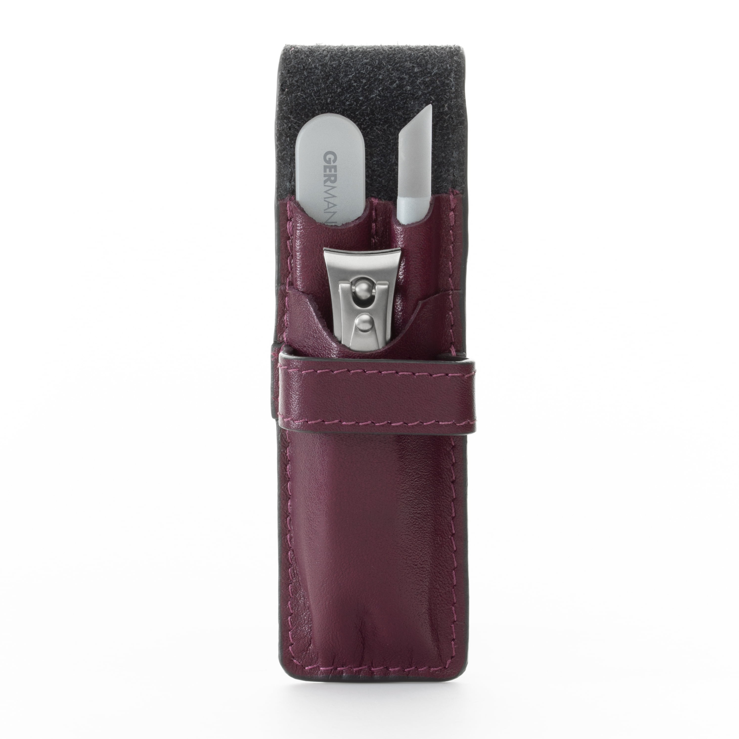 GERMANIKURE Nail clipper, Glass Nail File & Cuticle Remover Manicure Set in Purple Leather Case - Made in Solingen Germany of FINOX Stainless Steel, Glass Nail Care Supplies Made in Czech Republic