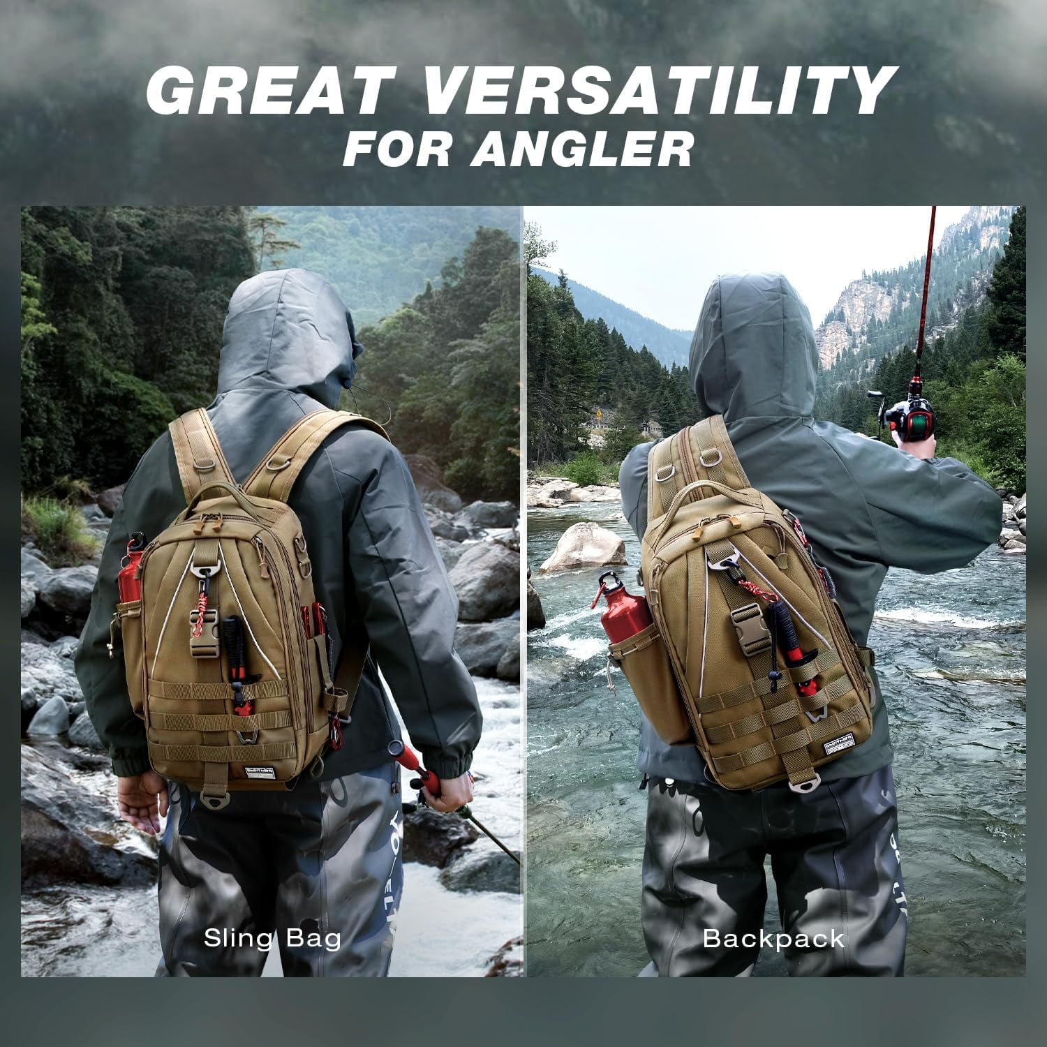 Fishing Nylon Backpack Tackle Sling Bag Backpack with Rod Holder Gift for Mother Father，Lightweight Fishing Backpack Storge Fishing Gear and Equipment