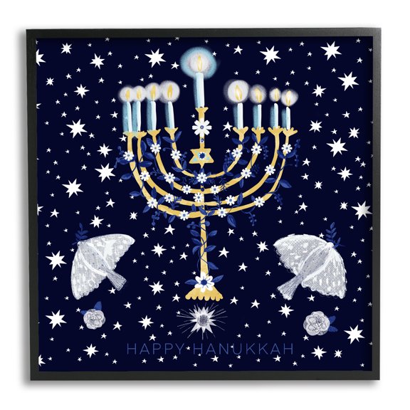 Stupell Industries Happy Hanukkah Starry Menorah Holiday Painting Black Framed Art Print Wall Art