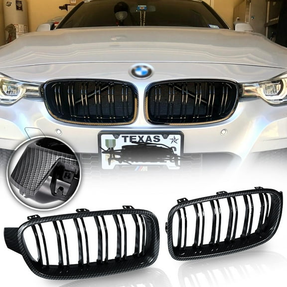 Astra Depot ABS Dual Slats Front Kidney Grill Grille for 2012-2018 BMW F30 F31 328i 335i Sedan, Carbon Fiber Pattern, 1 Pair