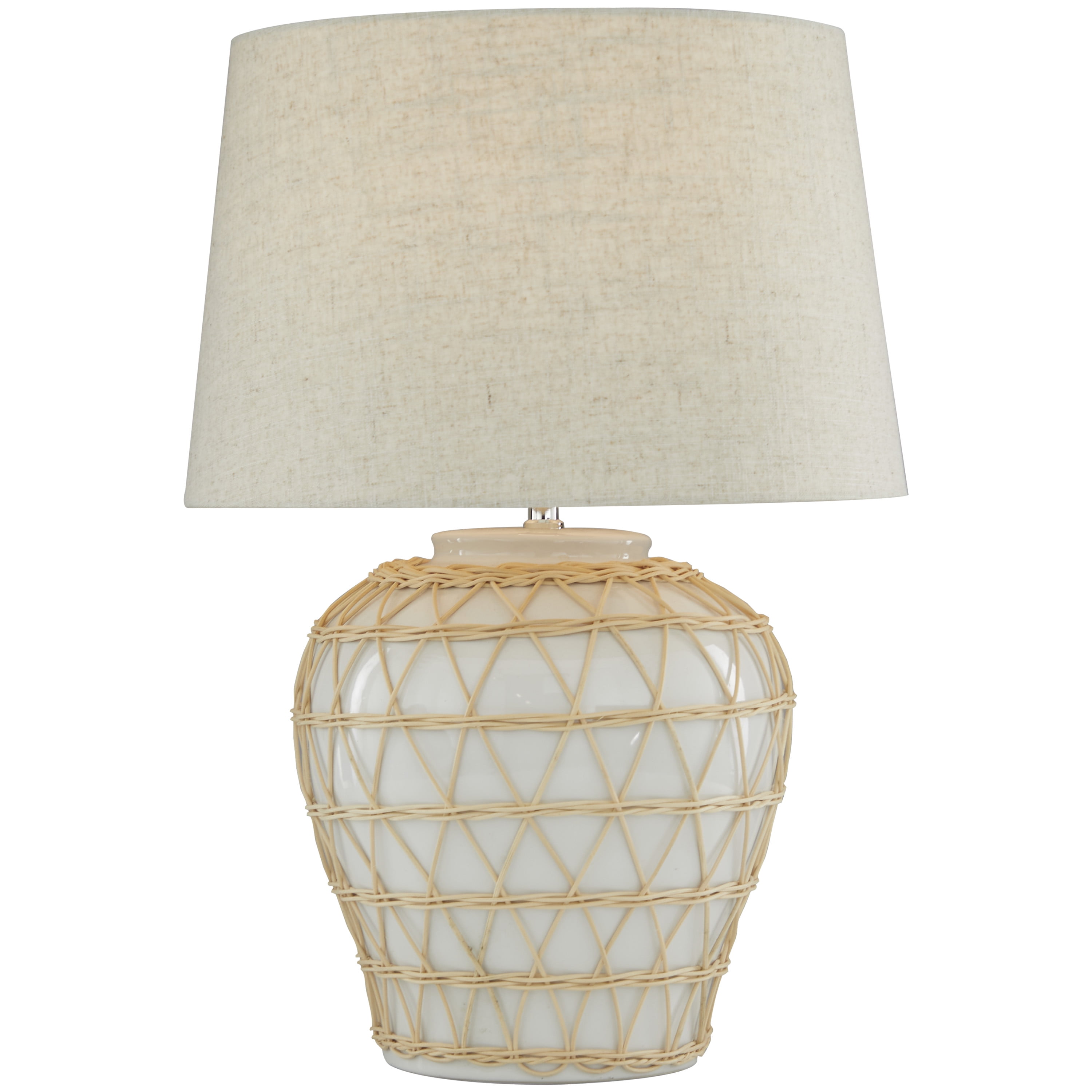 DecMode 23" Woven Rattan Geometric White Table Lamp with Cream Linen Shade