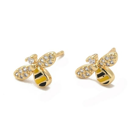 Cubic Zirconia Bee Stud Earrings with Enamel Real 18K golden Plated Brass Jewelry for Women Cadmium Free & Lead Free Clear 8x13.5mm Pin: 0.7mm