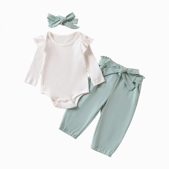 Staki Girls Outfits Infant Newborn Baby Girl Clothes Baby Girl Outfits for Fall Winter Long Sleeve Snap Bodysuit Pant Sets with Headband 9 12 Months(Light Green, 9-12 Months)