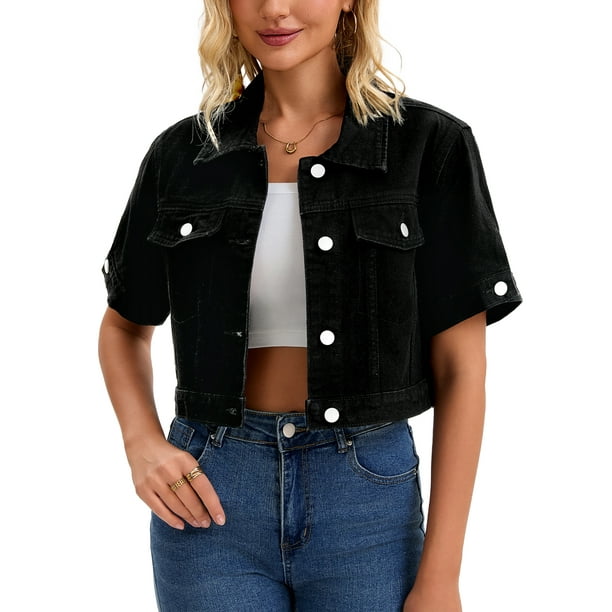 CHAQUETA DE JEAN CORTA DE MANGA CORTA CON BOTONES DESGASTADA Y DESHECHA PARA MUJERES INSPIRADA EN CHIC NEGRA M