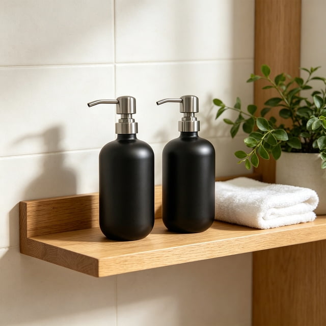 Ensemble de Bouteilles Rondes pour Shampooing et Lotion en Verre avec Pompe en Acier Inoxydable, Vides, Réutilisables, Contenants de Voyage pour la Maison, la Salle de Bain et la Coiffeuse, Noir, JKODE
