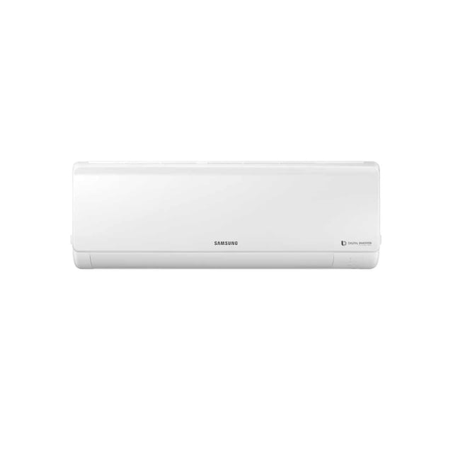 aire acond 17000 btus, minisplit inverter marca samsung samsung ar18mvfhewk/ax4 Blanco unidad interior mini split inverter Samsung 17,000 BTU, vista frontal centrada; carcasa blanca rectangular con rejilla de salida superior, panel inferior curvado y logo Samsung centrado; diseñada para montaje en pared y recomendada para áreas de 11–26 m2, con modos Fast Cooling, deshumidificación y modo silencioso según especificaciones; suele usarse también en oficinas pequeñas o cuartos de estudio.
