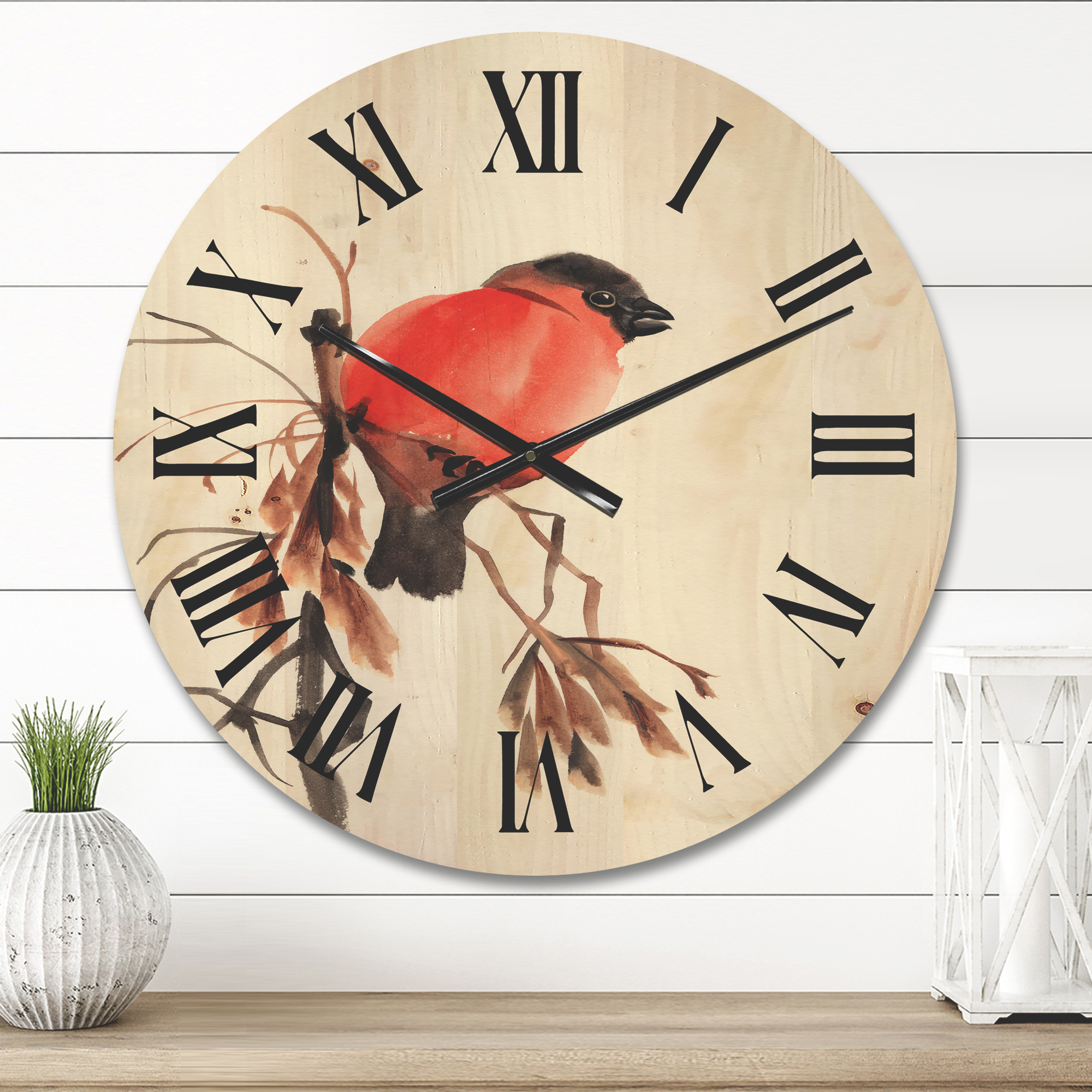 Designart 'Red Bullfinch Bird Sitting On A Branch' Traditional Wood Wall Clock