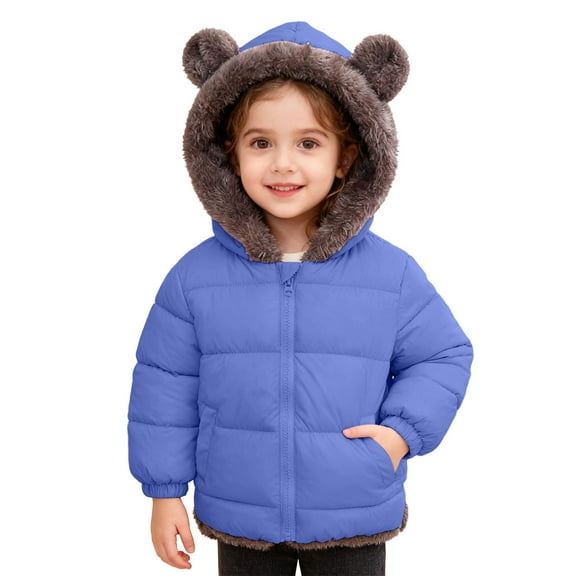 uvwlwu Reversible Hooded Jacket For Girls Warm Winter Coat With Bear Ears Soft Double Thickened Outerwear For Kids Toddler Youth(Blue,2-3 Years)